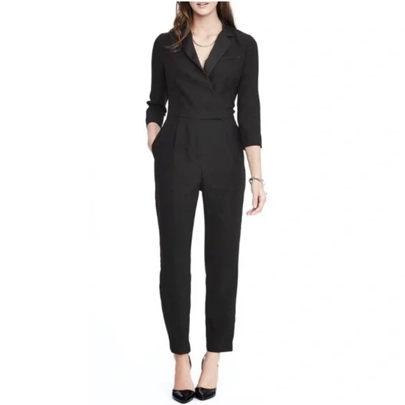 Banana Republic Women’s Tuxedo Jumpsuit Black Tailored One Piece Pant Suit 4 - Picture 2 of 11